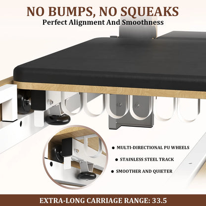 Pilates Reformer, Wooden Pilates Reformer Machine with Tower & Mat, Pilates Equipment for Home Workout and Studio, with Reformer Accessories, Sitting Box, Jump Board