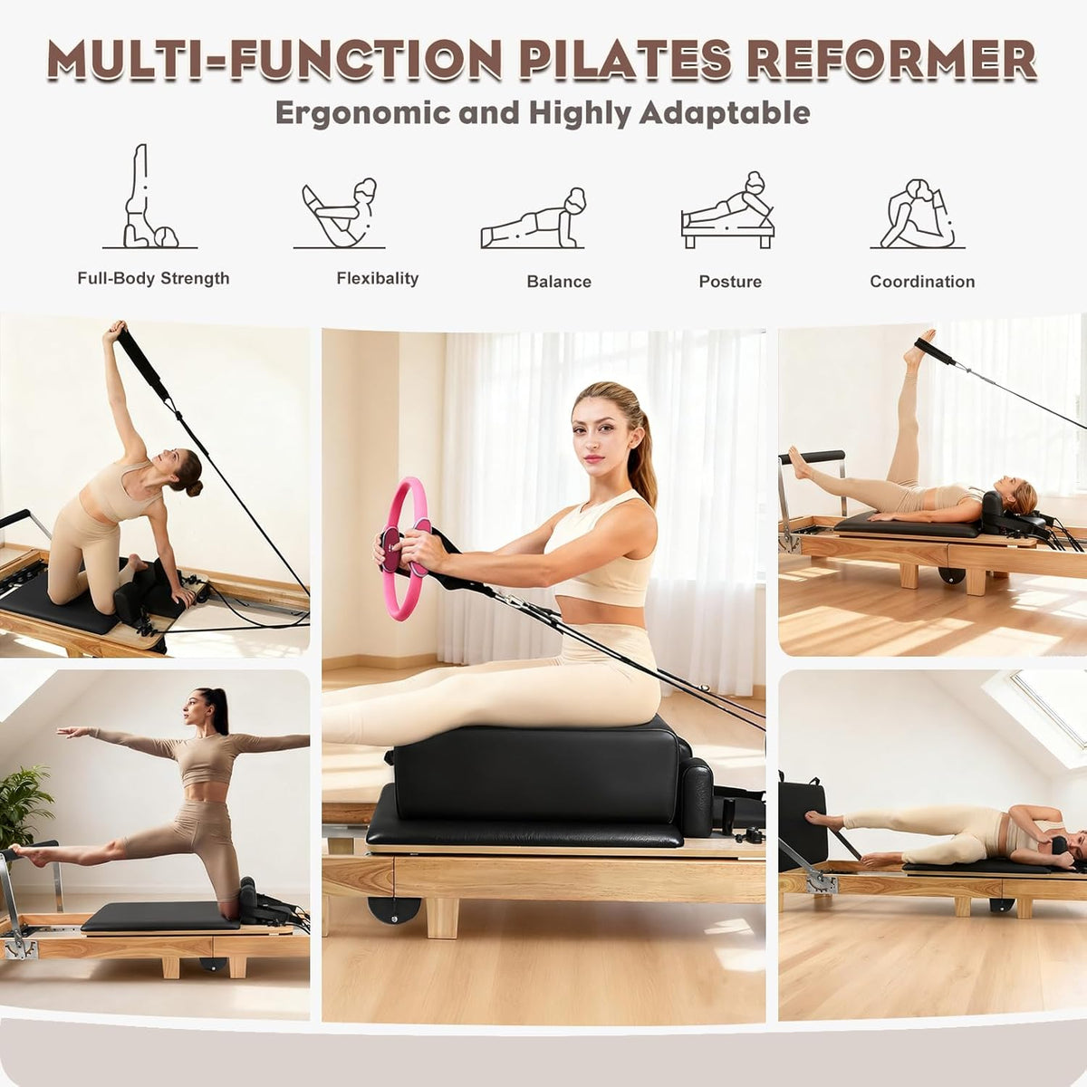 94.5" Pilates Reformer,Reformer Pilates Machine with 5 Springs, Quick-Assembly Studio Grade Pilates Reformer Machine, Pilates Equipment with Sitting Box, Jump Board for Home Use & Studio 7A5