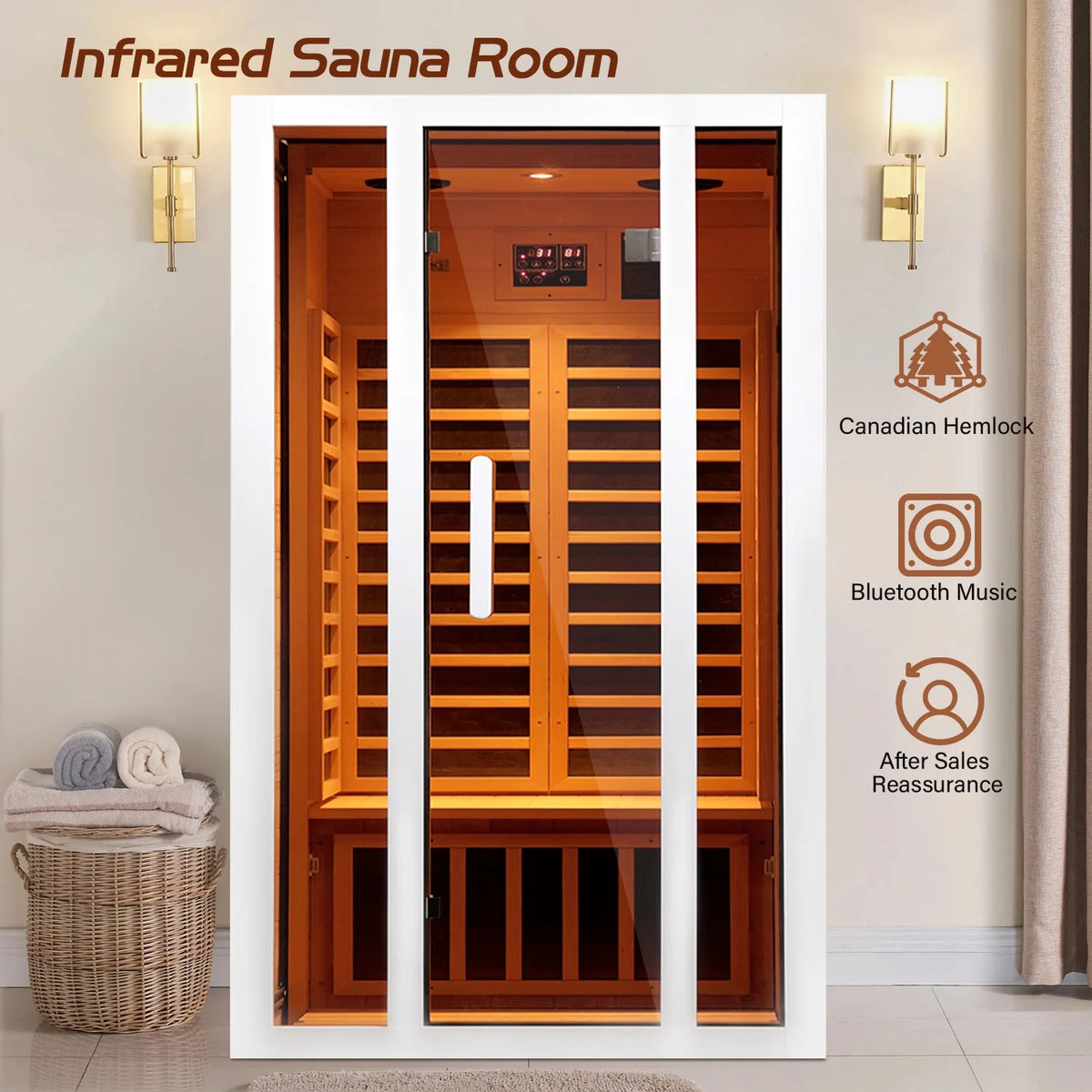 2 Person Extendable FAR Infrared Sauna for Home, Hemlock Wood Low EMF 6 Carbon Heaters Indoor Saunas with LED Lights, Bluetooth Speaker, Digital Control Panel, and Seating Bench
