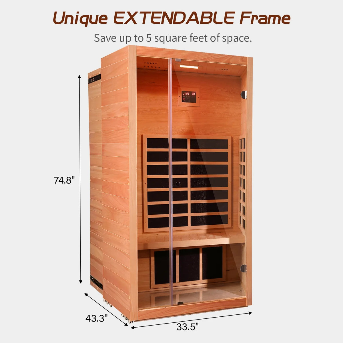 1 Person Extendable FAR Infrared Sauna for Home, Hemlock Wood Low EMF 6 Carbon Heaters Indoor Saunas with LED Lights, Bluetooth Speaker, Digital Control Panel, and Seating Bench