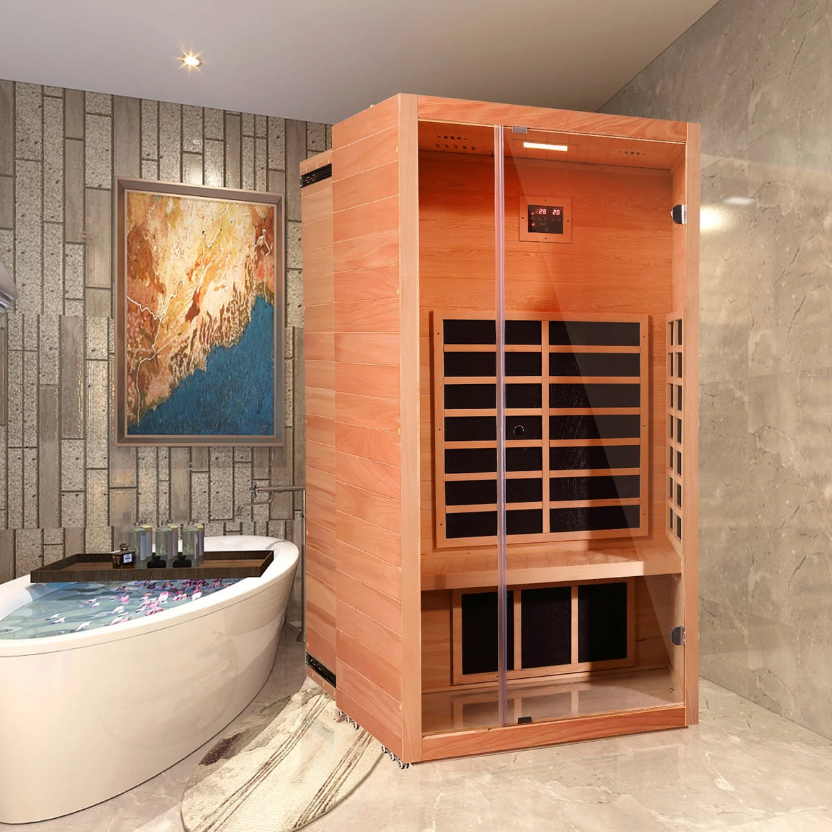 1 Person Extendable FAR Infrared Sauna for Home, Hemlock Wood Low EMF 6 Carbon Heaters Indoor Saunas with LED Lights, Bluetooth Speaker, Digital Control Panel, and Seating Bench